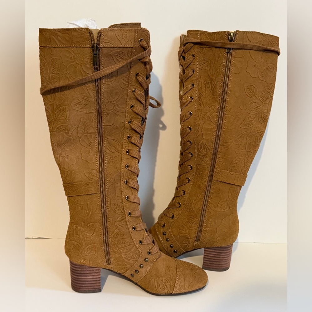 JOYFOLIE MARITA TALL BOOT IN PECAN Tan Lace-Up Knee-High Boots Floral Sude - Picture 4 of 11